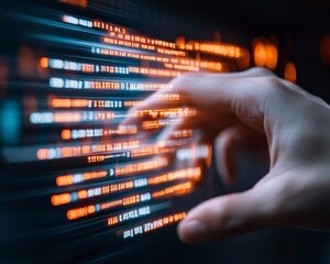 Fototapete - Dynamic Data Interface Touch Interaction with Neon Analytics Display for Efficient Logistics - Cutting-edge Tech Visualization in Business Intelligence and Operational Strategy