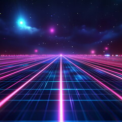 Fototapete - Cyberpunk Gridscape: A mesmerizing neon grid stretches into the digital cosmos, under a dark, star-studded night sky.