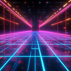 Poster - RetroCyberSpace: Neon Grid Tunnel: Vivid pink and blue neon lights crisscross a futuristic gridded tunnel, creating a vibrant, dynamic, and immersive digital landscape.