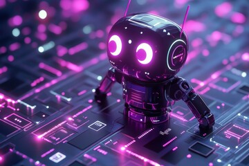 Poster - Cute robot standing on a glowing circuit board with purple lights, showcasing futuristic technology and design