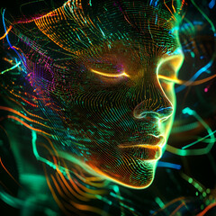 Fototapete - Digital Serenity: Captivating digital art showcases the serene face of a woman composed of radiant, multicolored lines, evoking a sense of inner peace.