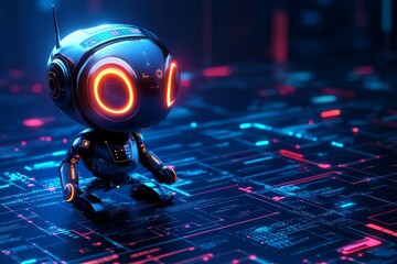 Aufkleber - Cute robot stands on a glowing tech floor filled with circuits in a futuristic environment