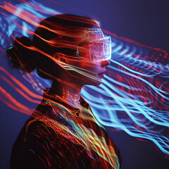 Poster - Virtual Reality: A person immersed in the digital world of virtual reality, their silhouette framed by dynamic, multicolored light trails, symbolizing the fusion of technology and human experience.