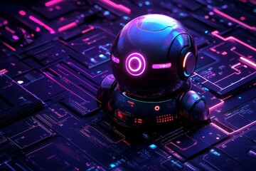 Fototapete - Exploring a futuristic robot surrounded by glowing digital circuitry in a dark, vibrant environment