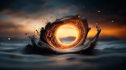 Poster - Dynamic convergence of electric light streams serene waterscape digital art twilight environment aerial viewpoint abstract concept