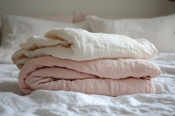 Aufkleber - Soft linen blankets stacked on a neatly made bed in a cozy bedroom during the morning light