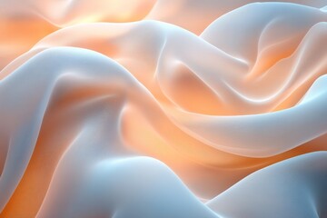 Poster - Soft fabric draped elegantly with gentle waves of pastel orange and white hues in natural light