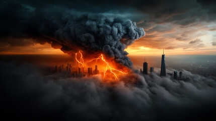 Poster - Technological storm with electric arcs illuminating cityscape urban environment atmospheric phenomenon aerial perspective