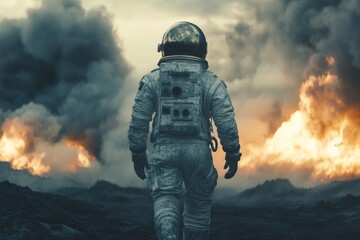 Poster - Astronaut walking through a fiery landscape with smoke and destruction in the background