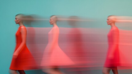 Aufkleber - Contemporary Movement Aesthetics Stylish Motion Blur of Women in Red Dress - Architectural Framing for Urban Commuter Flow Insights and Innovative Marketing Strategies