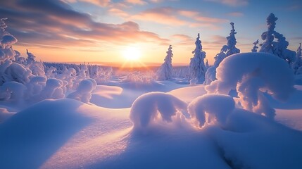 Snowy trees sunset, winter land, cold, nature, background