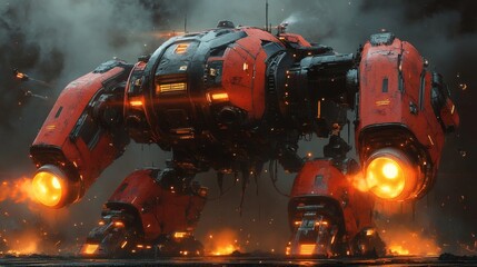 Poster - Imposing futuristic mech with metallic red armor and dark accents highlighted by glowing orangeyellow lights winglike extensions and a heavy cannon on its arm ready for battle