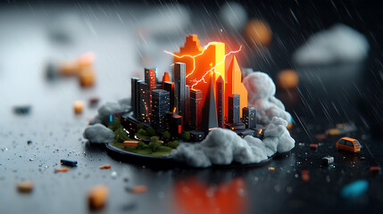 Poster - Thunderous electric power manifested in holographic cityscape urban environment digital art surrealism high angle view dynamic concept