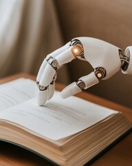 Poster - Futuristic Home Service Robot Sleek Robotic Claw Gently Handles Book in a Warm-Toned Study Enhance Education and Productivity in Modern Tech-Savvy Environments