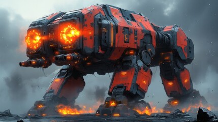 Poster - Imposing futuristic mech with metallic red armor and dark accents highlighted by glowing orangeyellow lights winglike extensions and a heavy cannon on its arm ready for battle