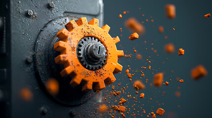 Poster - Explosive motion of time-corroded machinery industrial setting digital art dark environment close-up view visual glitch concept
