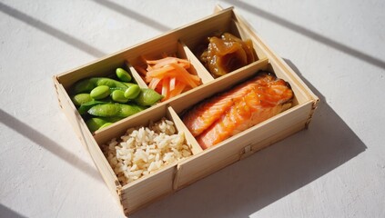 Wall Mural - Salmon bento box lunch, healthy meal, sunlight, wooden tray, office desk