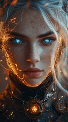 Poster - Intense portrait of a steampunk warrior woman with piercing blue eyes and silver hair wearing ornate metallic armor with gears her expression fierce flames blending beautifully with her attire