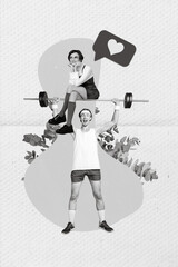 Poster - Photo creative 3d collage artwork magazine sketch of sporty man raise up kettlebell dreamy girl isolated on painting background