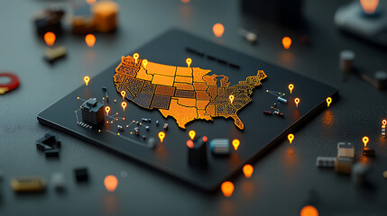 Poster - Glowing points map of the united states illuminated data visualization digital art dark background high-contrast view technology concept