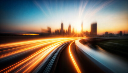 Wall Mural - The image captures a futuristic cityscape at sunset with dynamic light trails curving toward the skyline.