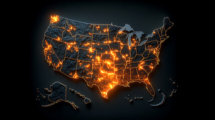 Poster - Illuminated us map showcasing bright zones geographic data visualization digital art modern design aerial perspective urban density insights