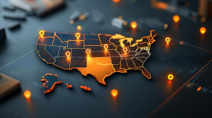 Poster - Us map highlighting areas of high activity with glowing points digital visualization technology environment aerial view data representation