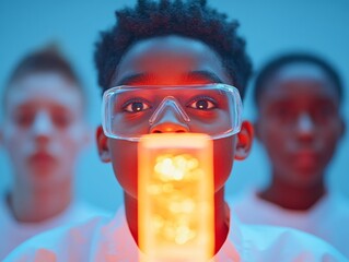 Aufkleber - Vibrant STEM Exploration Diverse Youth Engaged with Glowing Chemical Reaction in Modern Lab - Enhancing Tech Education and Collaborative Learning Environments