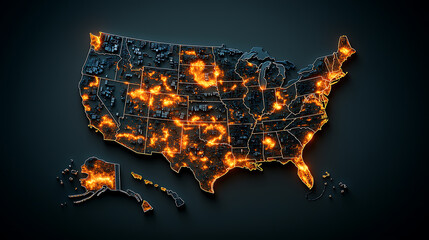 Poster - Vibrant map of the us with glowing zones depicting activity trends united states digital art dark background aerial perspective data visualization