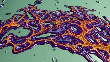 Poster - An organic river of intense oranges and purples stretching over a mint-green expanse, with droplets floating like tiny crystals.
