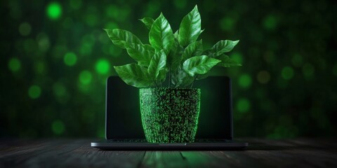 Poster - Futuristic Verdant Tech Display Digital Circuit Plant on Sleek Laptop - Innovative Business Marketing and Sustainable Digital Aesthetics