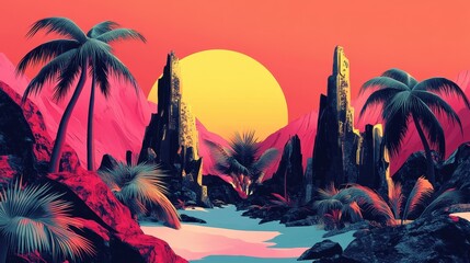 Poster - Vibrant Sunset Landscape With Palm Trees And Rocks