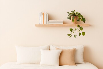 Aufkleber - Minimalist Micro Apartment Design Transformative Sofa with Wooden Shelving and Verdant Accents - Space Optimization for Modern Urban Living and Sustainable Furniture Trends