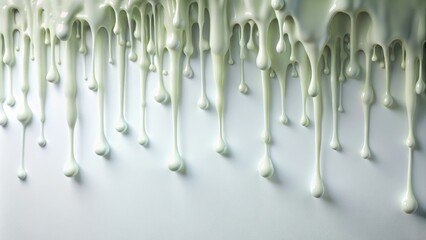 Wall Mural - Slow drips of translucent slime fall onto a pristine white surface, forming a mesmerizing pattern, gelatinous, flow, organic, movement, sticky