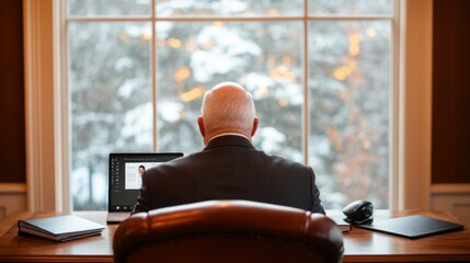 Aufkleber - Contemporary Legal Consultation Charcoal Gray Suit in Cozy Home Office - Video Call Innovation for Remote Legal Services and Professional Tech Integration