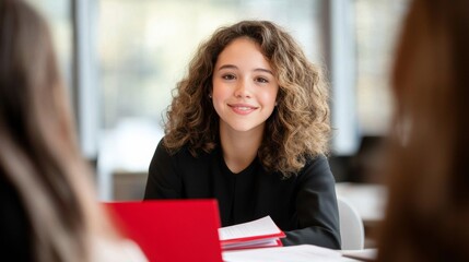 Poster - Contemporary Legal Consultation Young Latina Lawyer in Sleek Modern Conference Room with Open Folders and Technology - Inspiring Business Innovation and Collaborative Culture