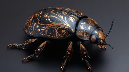 Poster - Ultradetailed 3D model of black beetle adorned gold contours highlighted in relief The sleek black background accentuates the beetle's vivid colors and intricate details in this hyperrealistic scene
