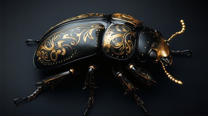 Poster - Ultradetailed 3D model of black beetle adorned gold contours highlighted in relief The sleek black background accentuates the beetle's vivid colors and intricate details in this hyperrealistic scene