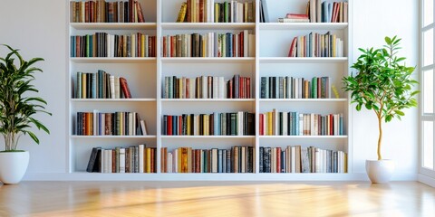Poster - modern minimalist interior with shelves full of books and green plants, bright natural light from wi
