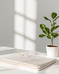 Poster - Minimalist Office Aesthetic Sleek Glasses on Laptop with Plant in Bright Workspace - Enhancing Digital Collaboration and Business Innovation in Finance
