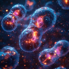 Fototapete - Ultradetailed microscope view of the cell division process in 8k with vibrant blue and pink chromosomes illuminated by bright light capturing the complexity of cellular separation
