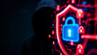 © @ArtUmbre - Mysterious figure in a dark hoodie standing next to a glowing digital lock symbol at night