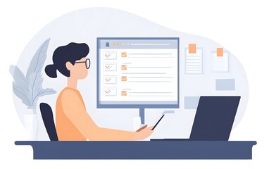 Poster - A young professional working at a desk, engaging with a computer screen while holding a smartphone, symbolizing modern remote work and technology in the business environment.
