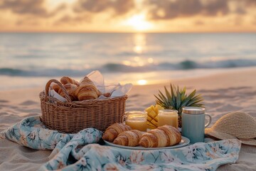 Sunset picnic adventure beach food photography serene ocean close-up culinary delights