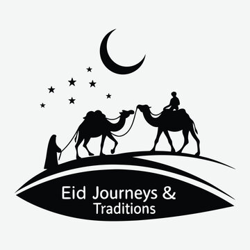 A stylized camel caravan silhouette crossing the desert under the crescent moon, with 