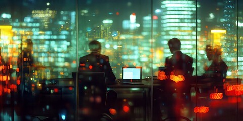 Poster - Business Meeting in Modern Office with City View at Night Showcasing Blurred Lights and Professional Atmosphere for Corporate Themes