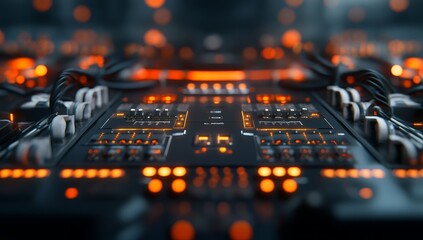 Futuristic control panel with glowing orange lights and intricate circuitry
