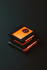 Aufkleber - Minimalist Retro Tech Display Aligned Stack of Vintage Data Storage on Matte Black - Heritage Content for Digital Marketing and Tech Museums