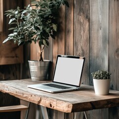 Poster - Modern workspace with laptop and plants in a cozy wooden room enhancing productivity and creativity. Generative AI