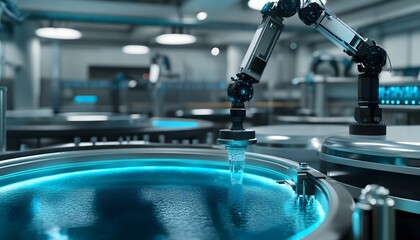 Poster - A futuristic robotic arm working diligently in a high-tech laboratory, showcasing precision automation with glowing elements and innovation in modern industrial processes.